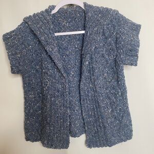 Handmade Cable Knit Shawl Collar Blue Speckled Yarn Cardigan Ribbed Sleeve Small